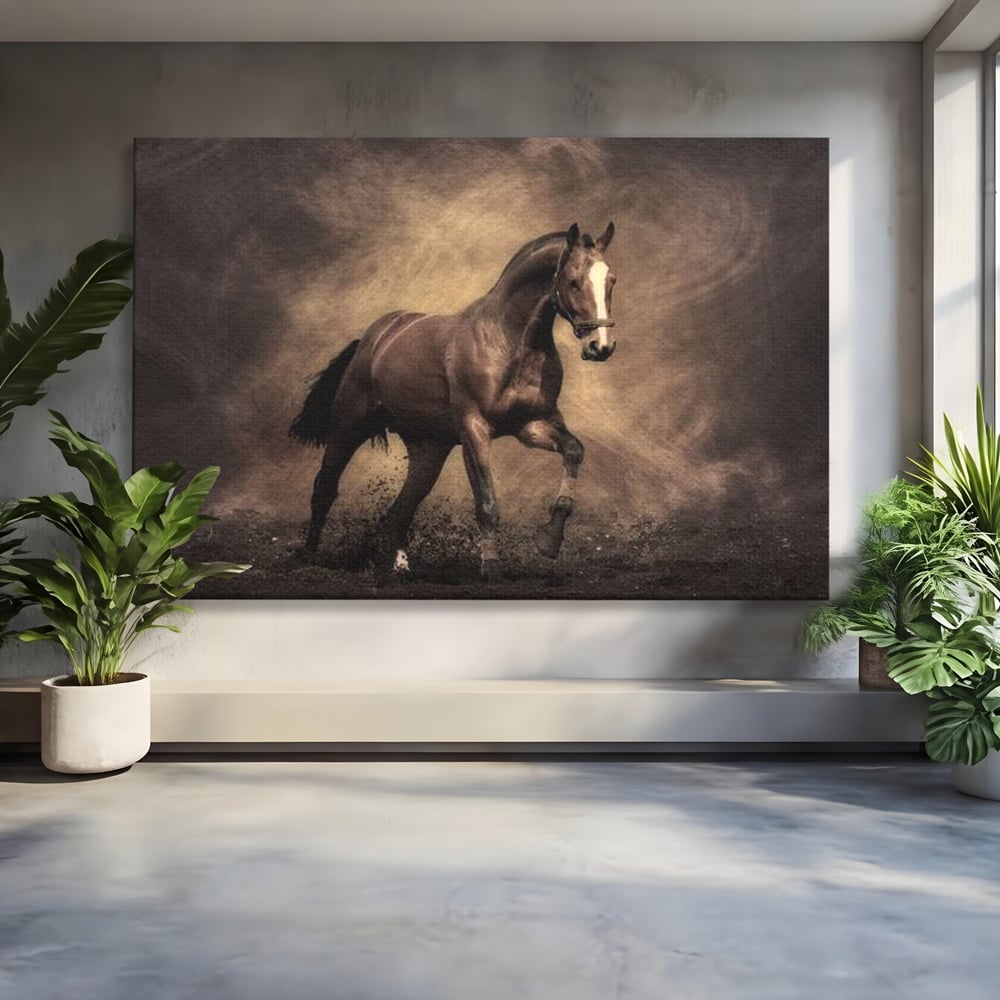 Tablou canvas cu tablou canvas cu cal maro in galop, fara rama, pe sasiu de lemn